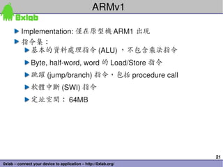 ARMv1

          Implementation: 僅在原型機 ARM1 出現
          指令集：
            基本的資料處理指令 (ALU) ，不包含乘法指令
               Byte, ha...