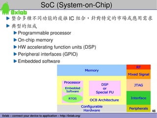 SoC (System­on­Chip)
       整合多種不同功能的複雜 IC 組合，針對特定的市場或應用需求
       典型的組成
            Programmable processor
            On­...