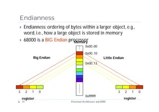 Endianness
    Endianness: ordering of bytes within a larger object, e.g.,
     word, i.e., how a large object is stored in memory
    68000 is a BIG Endian processor
                                Memory
                                          0x00..00

                                          0x00..10
             Big Endian                                  Little Endian
                                          0x00..13




3        2   1   0                                                3      2    1     0
                                          0xffffffff
    register                                                             register
    31                        Processor Architecure and ARM
 