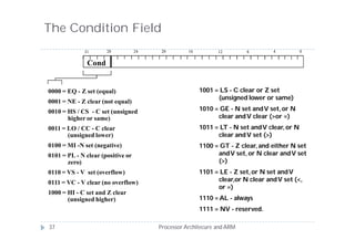 The Condition Field
             31       28           24    20        16         12        8        4            0


              Cond


0000 = EQ - Z set (equal)                               1001 = LS - C clear or Z set
                                                              (unsigned lower or same)
0001 = NE - Z clear (not equal)
0010 = HS / CS - C set (unsigned                        1010 = GE - N set and V set, or N
       higher or same)                                        clear and V clear (>or =)
0011 = LO / CC - C clear                                1011 = LT - N set and V clear, or N
       (unsigned lower)                                       clear and V set (>)
0100 = MI -N set (negative)                             1100 = GT - Z clear, and either N set
0101 = PL - N clear (positive or                              and V set, or N clear and V set
       zero)                                                  (>)
0110 = VS - V set (overflow)                            1101 = LE - Z set, or N set and V
0111 = VC - V clear (no overflow)                             clear,or N clear and V set (<,
                                                              or =)
1000 = HI - C set and Z clear
       (unsigned higher)                                1110 = AL - always
                                                        1111 = NV - reserved.

37                                      Processor Architecure and ARM
 
