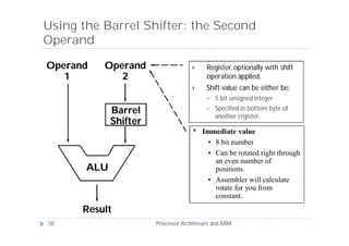 Using the Barrel Shifter: the Second
Operand

Operand   Operand                        Register, optionally with shift
   1         2                            operation applied.
                                         Shift value can be either be:
                                             5 bit unsigned integer
             Barrel                          Specified in bottom byte of
                                              another register.
             Shifter
                                     * Immediate value
                                        • 8 bit number
                                        • Can be rotated right through
                                          an even number of
       ALU                                positions.
                                        • Assembler will calculate
                                          rotate for you from
                                          constant.
      Result
50                     Processor Architecure and ARM
 