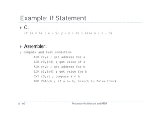 Example: if Statement
    C:
     if (a < b) { x = 5; y = c + d; } else x = c - d;



    Assembler:
; compute and test condition
          ADR r4,a ; get address for a
          LDR r0,[r4] ; get value of a
          ADR r4,b ; get address for b
          LDR r1,[r4] ; get value for b
          CMP r0,r1 ; compare a < b
          BGE fblock ; if a >= b, branch to false block




    60                         Processor Architecure and ARM
 