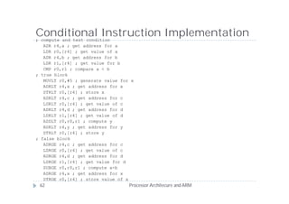 Conditional Instruction Implementation
; compute and test condition
   ADR r4,a ; get address for a
   LDR r0,[r4] ; get value of a
   ADR r4,b ; get address for b
   LDR r1,[r4] ; get value for b
   CMP r0,r1 ; compare a < b
; true block
   MOVLT r0,#5 ; generate value for x
   ADRLT r4,x ; get address for x
   STRLT r0,[r4] ; store x
   ADRLT r4,c ; get address for c
   LDRLT r0,[r4] ; get value of c
   ADRLT r4,d ; get address for d
   LDRLT r1,[r4] ; get value of d
   ADDLT r0,r0,r1 ; compute y
   ADRLT r4,y ; get address for y
   STRLT r0,[r4] ; store y
; false block
   ADRGE r4,c ; get address for c
   LDRGE r0,[r4] ; get value of c
   ADRGE r4,d ; get address for d
   LDRGE r1,[r4] ; get value for d
   SUBGE r0,r0,r1 ; compute a-b
   ADRGE r4,x ; get address for x
   STRGE r0,[r4] ; store value of x
 62                                Processor Architecure and ARM
 