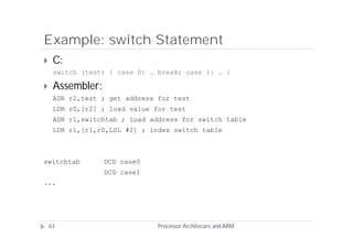 Example: switch Statement
    C:
     switch (test) { case 0: … break; case 1: … }

    Assembler:
     ADR r2,test ; get address for test
     LDR r0,[r2] ; load value for test
     ADR r1,switchtab ; load address for switch table
     LDR r1,[r1,r0,LSL #2] ; index switch table



switchtab         DCD case0
                  DCD case1
...




    63                         Processor Architecure and ARM
 