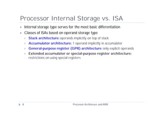 Processor Internal Storage vs. ISA
       Internal storage type serves for the most basic differentiation
       Classes of ISAs based on operand storage type
           Stack architecture: operands implicitly on top of stack
           Accumulator architecture: 1 operand implicitly in accumulator
           General-purpose register (GPR) architecture: only explicit operands
           Extended accumulator or special-purpose register architecture:
            restrictions on using special registers




    8                                   Processor Architecure and ARM
 