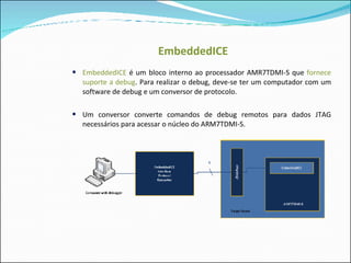 EmbeddedICE EmbeddedICE   é um  bloco interno ao processador  AMR7TDMI-S  que  fornece suporte  a debug . Para re alizar o debug, deve-se ter um computador com um software de debug e um conversor de protocolo. Um conversor converte comandos de debug remotos para dados JTAG necessários para acessar o núcleo do ARM7TDMI-S. 