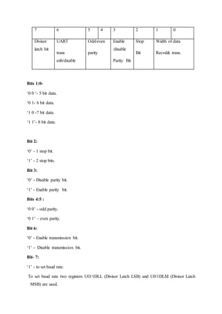 7 6 5 4 3 2 1 0
Divisor
latch bit
UART
trans
enb/disable
Odd/even
parity
Enable
/disable
Parity Bit
Stop
Bit
Width of data
Recvd& trans.
Bits 1:0-
‘0 0 ‘- 5 bit data.
‘0 1- 6 bit data.
‘1 0 -7 bit data.
‘1 1’- 8 bit data.
Bit 2:
‘0’ - 1 stop bit.
‘1’ - 2 stop bits.
Bit 3:
‘0’ - Disable parity bit.
‘1’ - Enable parity bit.
Bits 4:5 :
‘0 0’ - odd parity.
‘0 1’ – even parity.
Bit 6:
‘0’ - Enable transmission bit.
‘1’ - Disable transmission bit.
Bit- 7:
‘1’ - to set baud rate.
To set baud rate two registers UO/1DLL (Divisor Latch LSB) and U0/1DLM (Divisor Latch
MSB) are used.
 