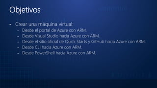 Objetivos
▪ Crear una máquina virtual:
‒ Desde el portal de Azure con ARM.
‒ Desde Visual Studio hacia Azure con ARM.
‒ Desde el sitio oficial de Quick Starts y GitHub hacia Azure con ARM.
‒ Desde CLI hacia Azure con ARM.
‒ Desde PowerShell hacia Azure con ARM.
 