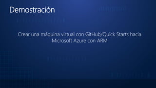 Demostración
Crear una máquina virtual con GitHub/Quick Starts hacia
Microsoft Azure con ARM
 