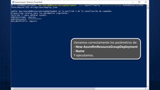 Llenamos correctamente los parámetros de:
- New-AzureRmResourceGroupDeployment
- Name
Y ejecutamos.
 