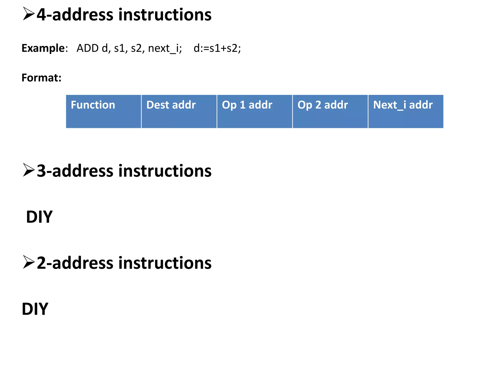 4-address instructions Example: ADD d, s1, s2, next_i; d:=s1+s2; Format: 3-address instructions DIY 2-address instructions DIY Function Dest addr Op 1 addr Op 2 addr Next_i addr 