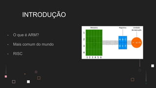 - O que é ARM?
- Mais comum do mundo
- RISC
INTRODUÇÃO
 