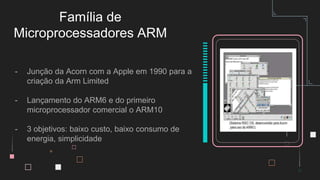 - Junção da Acorn com a Apple em 1990 para a
criação da Arm Limited
- Lançamento do ARM6 e do primeiro
microprocessador comercial o ARM10
- 3 objetivos: baixo custo, baixo consumo de
energia, simplicidade
Família de
Microprocessadores ARM
 