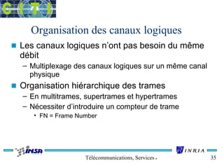 Organisation des canaux logiques 
n Les canaux logiques n’ont pas besoin du même 
débit 
– Multiplexage des canaux logiques sur un même canal 
physique 
n Organisation hiérarchique des trames 
– En multitrames, supertrames et hypertrames 
– Nécessiter d’introduire un compteur de trame 
• FN = Frame Number 
Télécommunications, Services & Usages 35 
 