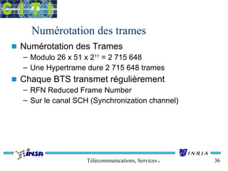 Numérotation des trames 
n Numérotation des Trames 
– Modulo 26 x 51 x 211 = 2 715 648 
– Une Hypertrame dure 2 715 648 trames 
n Chaque BTS transmet régulièrement 
– RFN Reduced Frame Number 
– Sur le canal SCH (Synchronization channel) 
Télécommunications, Services & Usages 36 
 