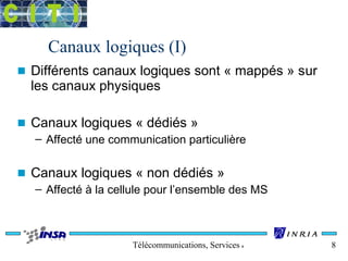 Canaux logiques (I) 
n Différents canaux logiques sont « mappés » sur 
les canaux physiques 
n Canaux logiques « dédiés » 
– Affecté une communication particulière 
n Canaux logiques « non dédiés » 
– Affecté à la cellule pour l’ensemble des MS 
Télécommunications, Services & Usages 8 
 