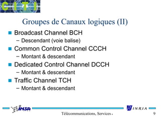 Groupes de Canaux logiques (II) 
n Broadcast Channel BCH 
– Descendant (voie balise) 
n Common Control Channel CCCH 
– Montant & descendant 
n Dedicated Control Channel DCCH 
– Montant & descendant 
n Traffic Channel TCH 
– Montant & descendant 
Télécommunications, Services & Usages 9 
 
