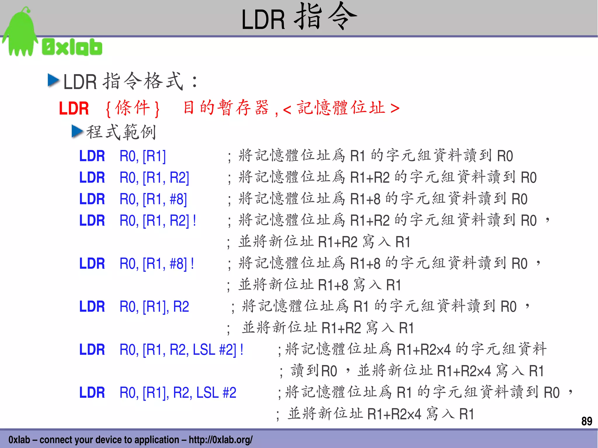 LDR 指令

             LDR 指令格式：
            LDR    { 條件 }     目的暫存器 , < 記憶體位址＞
               程式範例
                  LDR    R0, [R1]                           ;  將記憶體位址為 R1 的字元組資料讀到 R0
                  LDR    R0, [R1, R2]                       ;  將記憶體位址為 R1+R2 的字元組資料讀到 R0
                  LDR    R0, [R1, #8]                       ;  將記憶體位址為 R1+8 的字元組資料讀到 R0
                  LDR    R0, [R1, R2] !                     ;  將記憶體位址為 R1+R2 的字元組資料讀到 R0 ，
                                                            ;  並將新位址 R1+R2 寫入 R1
                  LDR    R0, [R1, #8] !                     ;  將記憶體位址為 R1+8 的字元組資料讀到 R0 ，
                                                            ;  並將新位址 R1+8 寫入 R1
                  LDR    R0, [R1], R2                        ;  將記憶體位址為 R1 的字元組資料讀到 R0 ，
                                                            ;   並將新位址 R1+R2 寫入 R1
                  LDR    R0, [R1, R2, LSL #2] !                            ; 將記憶體位址為 R1+R2×4 的字元組資料
                                                                           ;  讀到R0 ，並將新位址 R1+R2×4 寫入 R1
                  LDR    R0, [R1], R2, LSL #2                              ; 將記憶體位址為 R1 的字元組資料讀到 R0 ，
                                                                          ;  並將新位址 R1+R2×4 寫入 R1        89
0xlab – connect your device to application – http://0xlab.org/
 