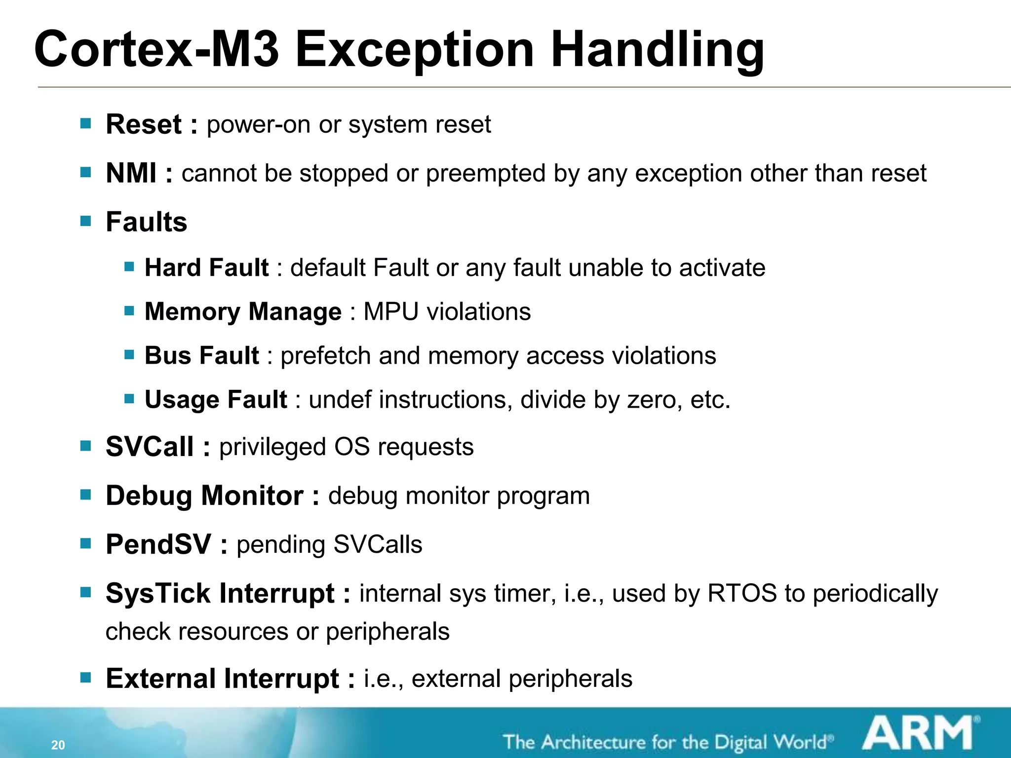 20
Cortex-M3 Exception Handling
 Reset : power-on or system reset
 NMI : cannot be stopped or preempted by any exception other than reset
 Faults
 Hard Fault : default Fault or any fault unable to activate
 Memory Manage : MPU violations
 Bus Fault : prefetch and memory access violations
 Usage Fault : undef instructions, divide by zero, etc.
 SVCall : privileged OS requests
 Debug Monitor : debug monitor program
 PendSV : pending SVCalls
 SysTick Interrupt : internal sys timer, i.e., used by RTOS to periodically
check resources or peripherals
 External Interrupt : i.e., external peripherals
 