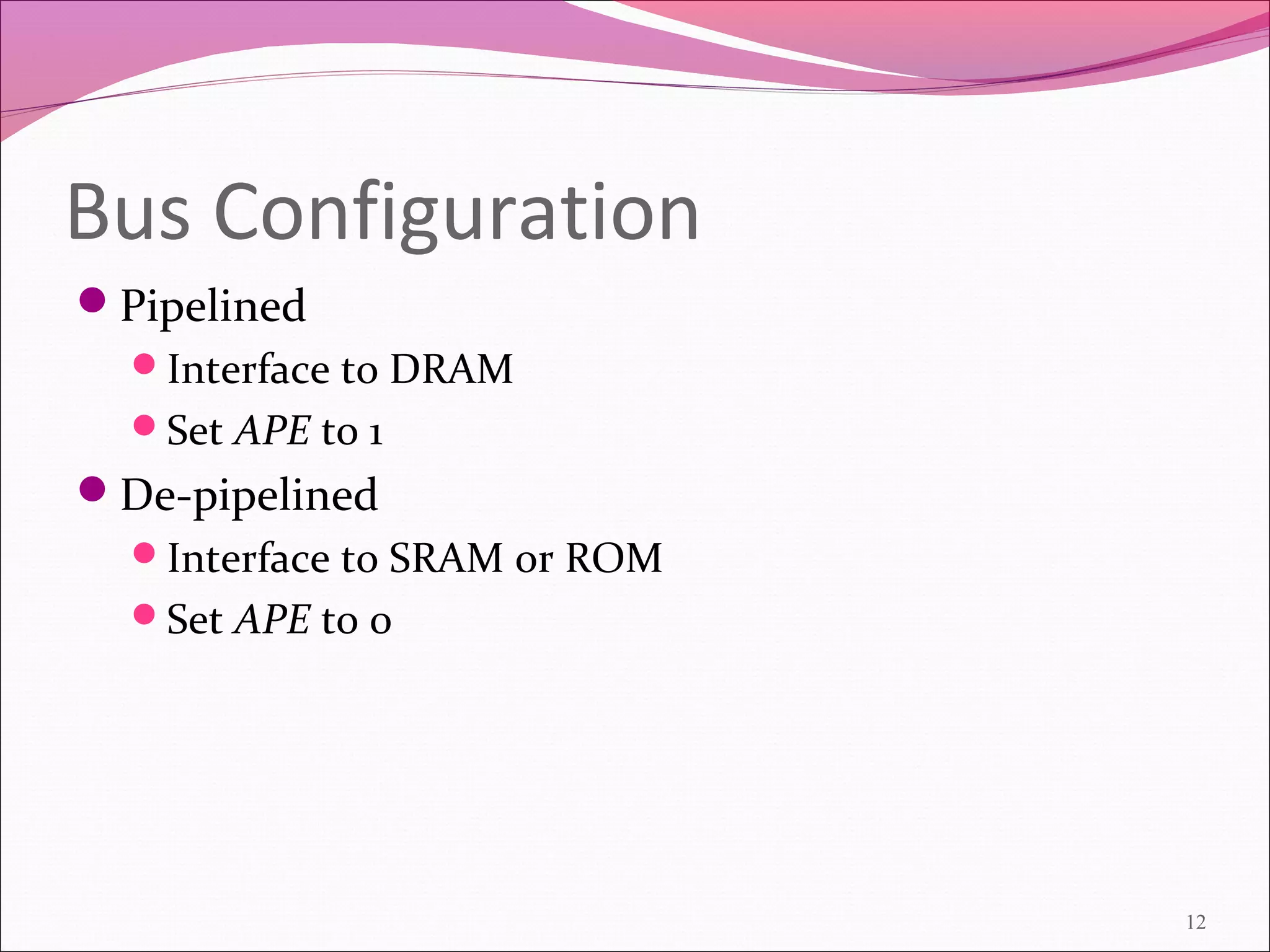 Bus Configuration
Pipelined
Interface to DRAM
Set APE to 1
De-pipelined
Interface to SRAM or ROM
Set APE to 0
12
 