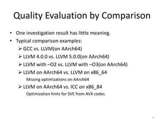 Quality Evaluation by Comparison
• One investigation result has little meaning.
• Typical comparison examples:
GCC vs. LLVM(on AArch64)
LLVM 4.0.0 vs. LLVM 5.0.0(on AArch64)
LLVM with –O2 vs. LLVM with –O3(on AArch64)
LLVM on AArch64 vs. LLVM on x86_64
Missing optimizations on AArch64
LLVM on AArch64 vs. ICC on x86_84
Optimization hints for SVE from AVX codes
6
 