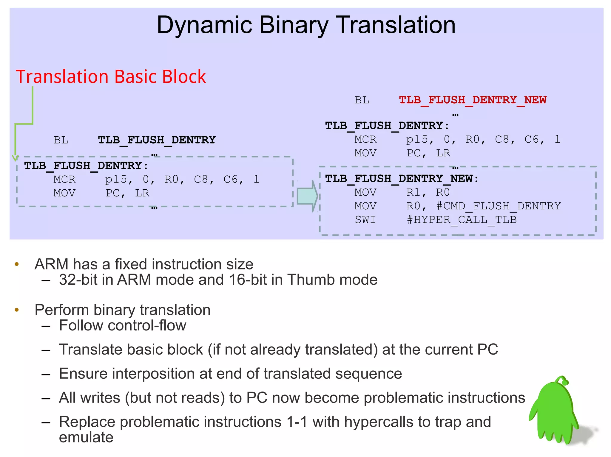 Dynamic Binary Translation

Translation Basic Block
                                                  BL    TLB_FLUSH_DENTRY_NEW
                                                                …
                                             TLB_FLUSH_DENTRY:
     BL    TLB_FLUSH_DENTRY                      MCR    p15, 0, R0, C8, C6, 1
                   …                             MOV    PC, LR
 TLB_FLUSH_DENTRY:                                              …
     MCR    p15, 0, R0, C8, C6, 1            TLB_FLUSH_DENTRY_NEW:
     MOV    PC, LR                               MOV    R1, R0
                   …                             MOV    R0, #CMD_FLUSH_DENTRY
                                                 SWI    #HYPER_CALL_TLB


• ARM has a fixed instruction size
   – 32-bit in ARM mode and 16-bit in Thumb mode
• Perform binary translation
   – Follow control-flow
   – Translate basic block (if not already translated) at the current PC
   – Ensure interposition at end of translated sequence
   – All writes (but not reads) to PC now become problematic instructions
   – Replace problematic instructions 1-1 with hypercalls to trap and
     emulate
 