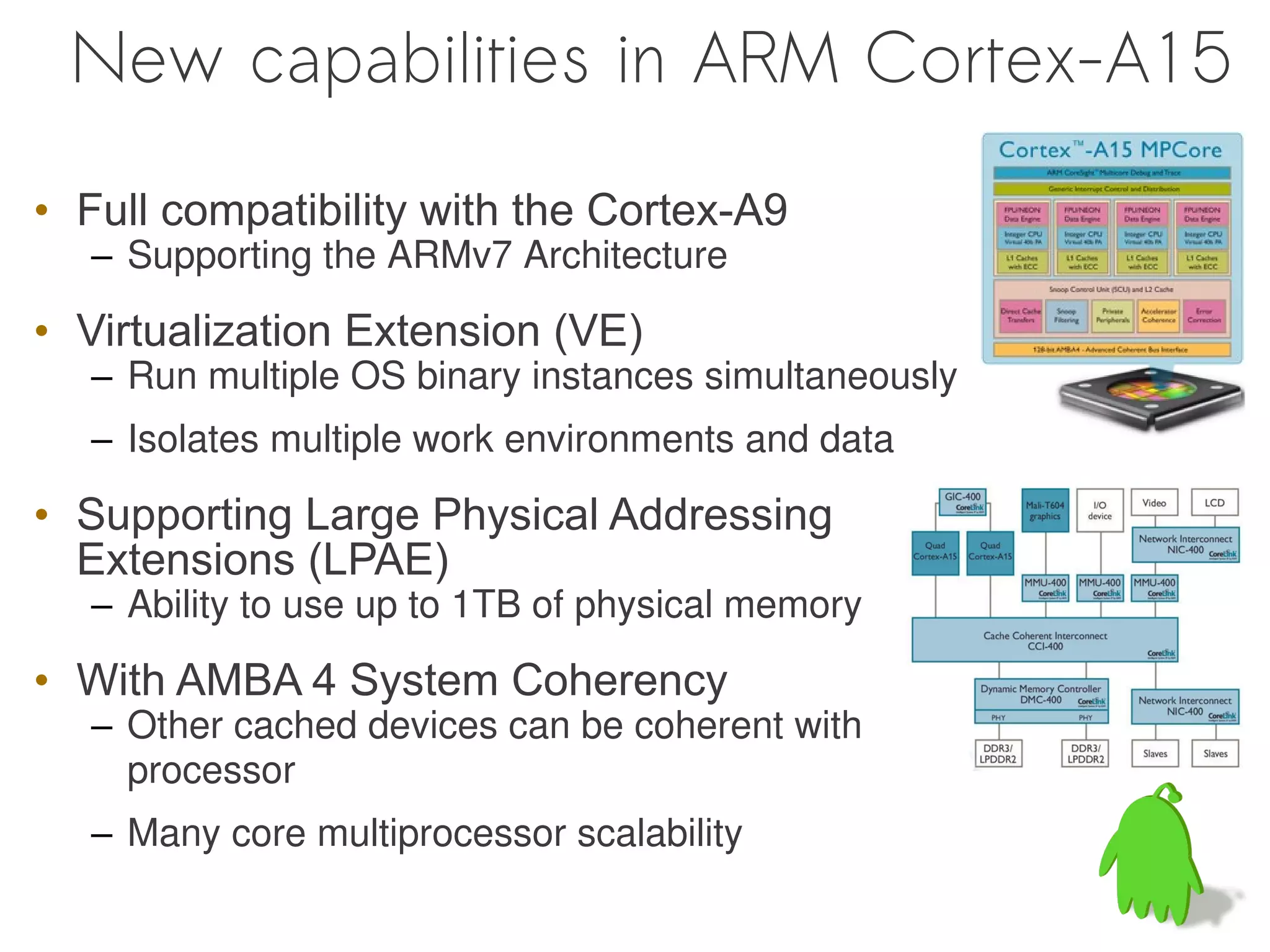 New capabilities in ARM Cortex-A15

• Full compatibility with the Cortex-A9
  – Supporting the ARMv7 Architecture

• Virtualization Extension (VE)
  – Run multiple OS binary instances simultaneously
  – Isolates multiple work environments and data

• Supporting Large Physical Addressing
  Extensions (LPAE)
  – Ability to use up to 1TB of physical memory

• With AMBA 4 System Coherency
  – Other cached devices can be coherent with
    processor
  – Many core multiprocessor scalability
 