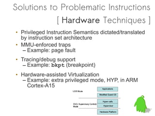 Solutions to Problematic Instructions
                 [ Hardware Techniques ]
• Privileged Instruction Semantics dictated/translated
  by instruction set architecture
• MMU-enforced traps
   – Example: page fault
• Tracing/debug support
   – Example: bkpt (breakpoint)
• Hardware-assisted Virtualization
  – Example: extra privileged mode, HYP, in ARM
    Cortex-A15
 