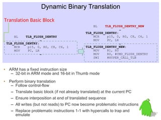 Dynamic Binary Translation

Translation Basic Block
                                                  BL    TLB_FLUSH_DENTRY_NEW
                                                                …
                                             TLB_FLUSH_DENTRY:
     BL    TLB_FLUSH_DENTRY                      MCR    p15, 0, R0, C8, C6, 1
                   …                             MOV    PC, LR
 TLB_FLUSH_DENTRY:                                              …
     MCR    p15, 0, R0, C8, C6, 1            TLB_FLUSH_DENTRY_NEW:
     MOV    PC, LR                               MOV    R1, R0
                   …                             MOV    R0, #CMD_FLUSH_DENTRY
                                                 SWI    #HYPER_CALL_TLB


• ARM has a fixed instruction size
   – 32-bit in ARM mode and 16-bit in Thumb mode
• Perform binary translation
   – Follow control-flow
   – Translate basic block (if not already translated) at the current PC
   – Ensure interposition at end of translated sequence
   – All writes (but not reads) to PC now become problematic instructions
   – Replace problematic instructions 1-1 with hypercalls to trap and
     emulate
 