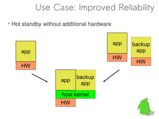 Use Case: Improved Reliability

    Hot standby without additional hardware


                                              app   backup
       app                                           app
                                              HW
                                                     HW
       HW

                             backup
                       app
                              app

                       host kernel
                       HW
 