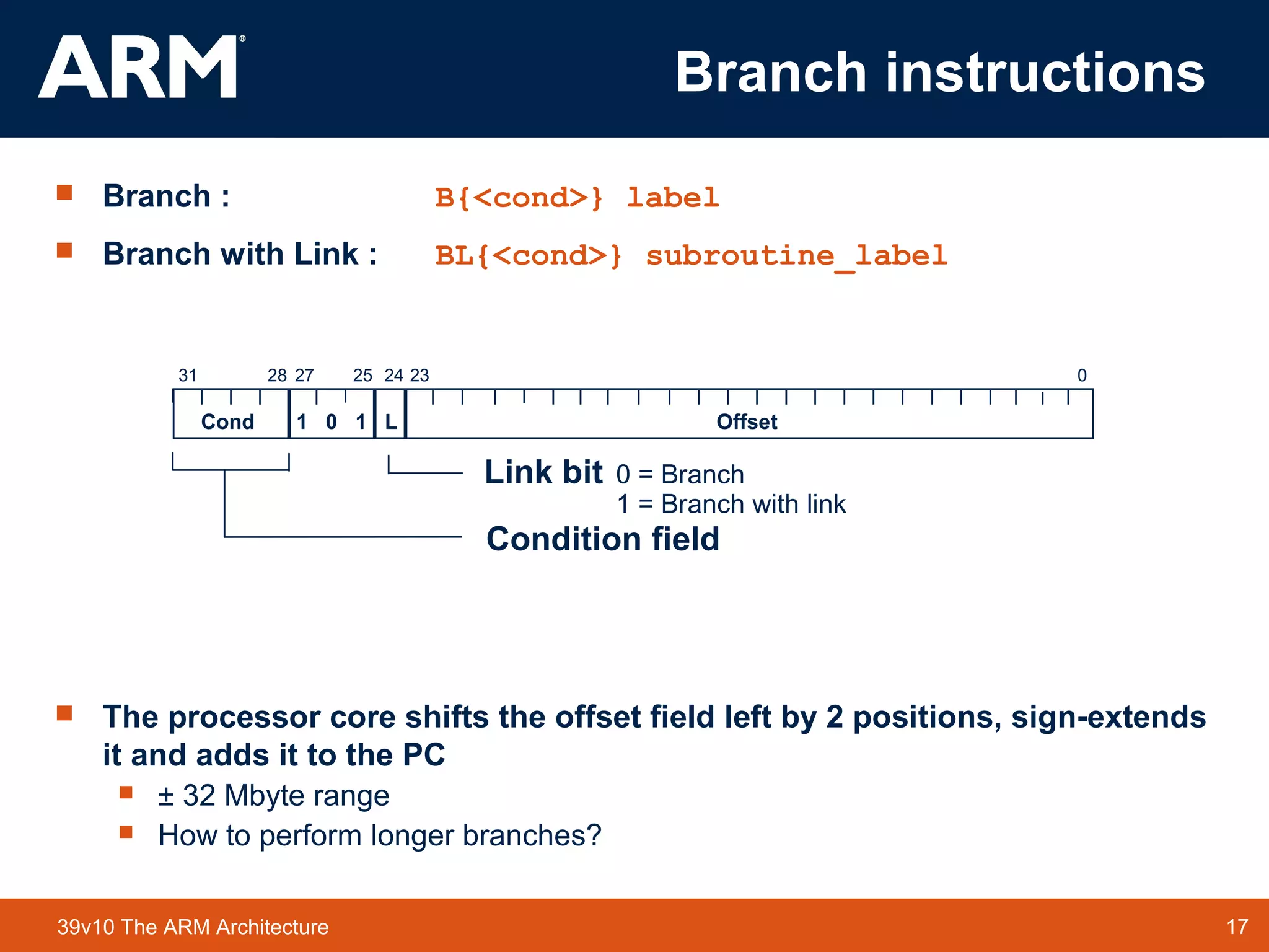 17TM 1739v10 The ARM Architecture
 Branch : B{<cond>} label
 Branch with Link : BL{<cond>} subroutine_label
 The processor core shifts the offset field left by 2 positions, sign-extends
it and adds it to the PC
 ± 32 Mbyte range
 How to perform longer branches?
2831 24 0
Cond 1 0 1 L Offset
Condition field
Link bit 0 = Branch
1 = Branch with link
232527
Branch instructions
 