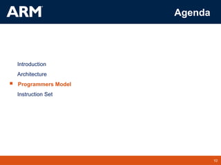 10
TM 10
Agenda
Introduction
Architecture
 Programmers Model
Instruction Set
 