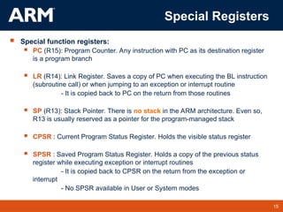 15
TM 15
Special Registers
 Special function registers:
 PC (R15): Program Counter. Any instruction with PC as its destination register
is a program branch
 LR (R14): Link Register. Saves a copy of PC when executing the BL instruction
(subroutine call) or when jumping to an exception or interrupt routine
- It is copied back to PC on the return from those routines
 SP (R13): Stack Pointer. There is no stack in the ARM architecture. Even so,
R13 is usually reserved as a pointer for the program-managed stack
 CPSR : Current Program Status Register. Holds the visible status register
 SPSR : Saved Program Status Register. Holds a copy of the previous status
register while executing exception or interrupt routines
- It is copied back to CPSR on the return from the exception or
interrupt
- No SPSR available in User or System modes
 