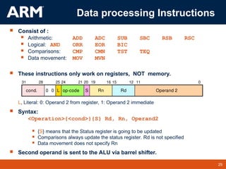 25
TM 25
Data processing Instructions
 Consist of :
 Arithmetic: ADD ADC SUB SBC RSB RSC
 Logical: AND ORR EOR BIC
 Comparisons: CMP CMN TST TEQ
 Data movement: MOV MVN
 These instructions only work on registers, NOT memory.
L, Literal: 0: Operand 2 from register, 1: Operand 2 immediate
 Syntax:
<Operation>{<cond>}{S} Rd, Rn, Operand2
 {S} means that the Status register is going to be updated
 Comparisons always update the status register. Rd is not specified
 Data movement does not specify Rn
 Second operand is sent to the ALU via barrel shifter.
31 28 25 24 20 16 15 12 11 0
21 19
0 Rd Operand 2
Rn
S
op-code
L
0
cond.
 