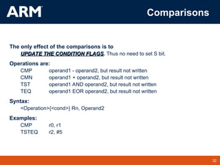 32
TM 32
Comparisons
The only effect of the comparisons is to
UPDATE THE CONDITION FLAGS
UPDATE THE CONDITION FLAGS. Thus no need to set S bit.
Operations are:
CMP operand1 - operand2, but result not written
CMN operand1 + operand2, but result not written
TST operand1 AND operand2, but result not written
TEQ operand1 EOR operand2, but result not written
Syntax:
<Operation>{<cond>} Rn, Operand2
Examples:
CMP r0, r1
TSTEQ r2, #5
 