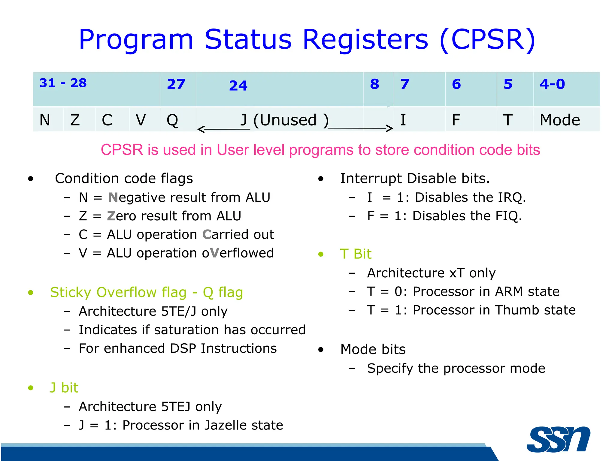 Program Status Registers (CPSR) • Condition code flags – N = Negative result from ALU – Z = Zero result from ALU – C = ALU operation Carried out – V = ALU operation oVerflowed • Sticky Overflow flag - Q flag – Architecture 5TE/J only – Indicates if saturation has occurred – For enhanced DSP Instructions • J bit – Architecture 5TEJ only – J = 1: Processor in Jazelle state • Interrupt Disable bits. – I = 1: Disables the IRQ. – F = 1: Disables the FIQ. • T Bit – Architecture xT only – T = 0: Processor in ARM state – T = 1: Processor in Thumb state • Mode bits – Specify the processor mode 31 - 28 27 24 8 7 6 5 4-0 N Z C V Q J (Unused ) I F T Mode CPSR is used in User level programs to store condition code bits 
