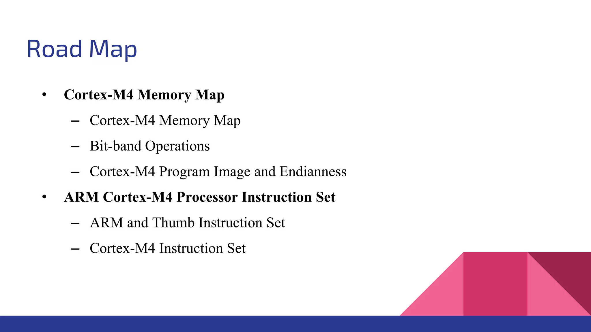 Road Map • Cortex-M4 Memory Map – Cortex-M4 Memory Map – Bit-band Operations – Cortex-M4 Program Image and Endianness • ARM Cortex-M4 Processor Instruction Set – ARM and Thumb Instruction Set – Cortex-M4 Instruction Set 