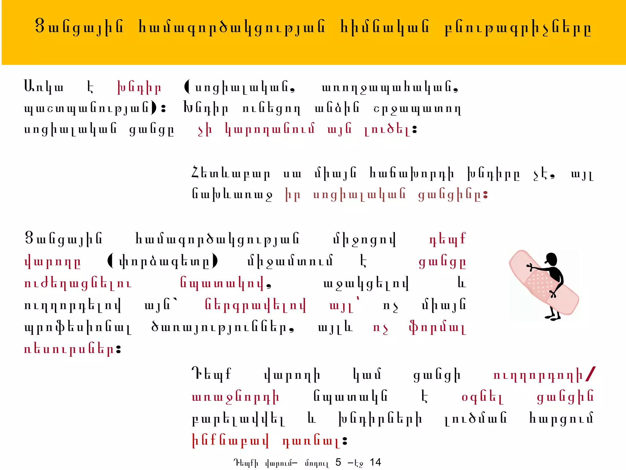 Ցանցային համագործակցության հիմնական բնութագրիչները

Առկա է խնդիր ( սոցիալական ,      առողջապահական ,
պաշտպանության ) : Խնդիր ունեցող անձին շրջապատող
սոցիալական ցանցը չի կարողանում այն լուծել :

                  Հետևաբար սա միայն հաճախորդի խնդիրը չէ , այլ
                  նախևառաջ իր սոցիալական ցանցինը :

Ցանցային     համագործակցության    միջոցով     դեպք
վարողը ( փորձագետը )    միջամտում է         ցանցը
ուժեղացնելու     նպատակով ,      աջակցելով       և
ուղղորդելով այն ` ներգրավելով այլ ՝ ոչ միայն
պրոֆեսիոնալ ծառայություններ , այլև ոչ ֆորմալ
ռեսուրսներ:
                  Դեպք    վարողի    կամ    ցանցի    ուղղորդողի /
                  առաջնորդի    նպատակն      է    օգնել   ցանցին
                  բարելավվել և խնդիրների լուծման հարցում
                  ինքնաբավ դառնալ :
                       Դեպքի վարում– մոդուլ 5 –էջ 14
 