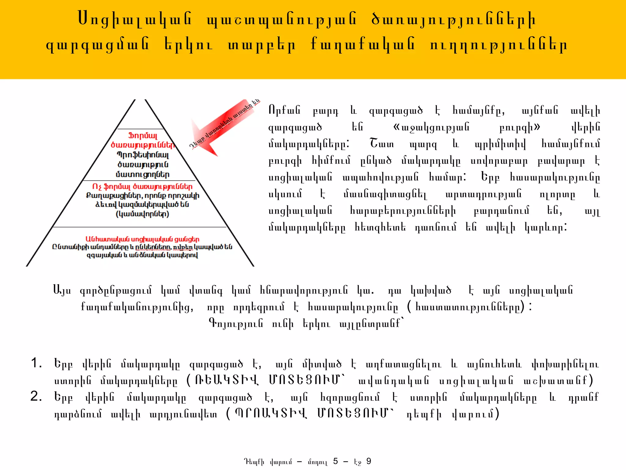 Սոցիալական պաշտպանության ծառայությունների
  զարգացման երկու տարբեր քաղաքական ուղղություններ


                                    Որքան բարդ և զարգացած է համայնքը, այնքան ավելի
                                    զարգացած      են    «աջակցության    բուրգի»    վերին
                                    մակարդակները: Շատ պարզ և պրիմիտիվ համայնքում
                                    բուրգի հիմքում ընկած մակարդակը սովորաբար բավարար է
                                    սոցիալական ապահովության համար: Երբ հասարակությունը
                                    սկսում է մասնագիտացնել արտադրության ոլորտը և
                                    սոցիալական հարաբերությունների բարդանում են,      այլ
                                    մակարդակները հետզհետե դառնում են ավելի կարևոր:



   Այս գործընթացում կամ վտանգ կամ հնարավորություն կա. դա կախված է այն սոցիալական
       քաղաքականությունից, որը որդեգրում է հասարակությունը ( հաստատությունները) :
                           Գոյություն ունի երկու այլընտրանք`

1. Երբ վերին մակարդակը զարգացած է, այն միտված է աղքատացնելու և այնուհետև փոխարինելու
   ստորին մակարդակները ( ՌԵԱԿՏԻՎ ՄՈՏԵՑՈՒՄ` ավանդական սոցիալական աշխատանք )
2. Երբ վերին մակարդակը զարգացած է, այն հզորացնում է ստորին մակարդակները և դրանք
   դարձնում ավելի արդյունավետ ( ՊՐՈԱԿՏԻՎ ՄՈՏԵՑՈՒՄ ` դեպքի վարում )


                               Դեպքի վարում – մոդուլ 5 – էջ 9
 