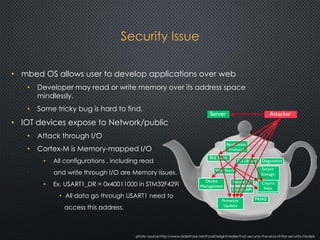 Security Issue
• mbed OS allows user to develop applications over web
• Developer may read or write memory over its address space
mindlessly.
• Some tricky bug is hard to find.
• IOT devices expose to Network/public
• Attack through I/O
• Cortex-M is Memory-mapped I/O
• All configurations , including read
and write through I/O are Memory issues.
• Ex. USART1_DR = 0x40011000 in STM32F429i
• All data go through USART1 need to
access this address.
photo source:http://www.slideshare.net/FoolsDelight/resilient-iot-security-the-end-of-flat-security-models
 