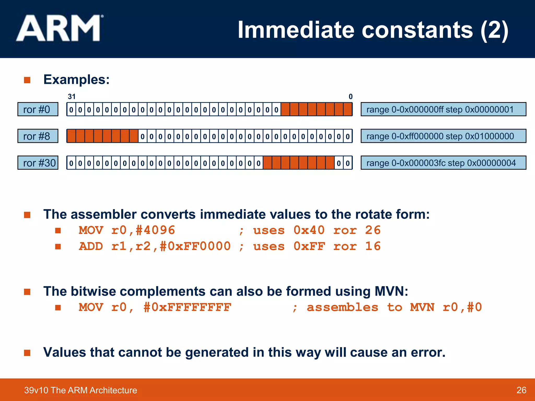 26TM 2639v10 The ARM Architecture
 Examples:
 The assembler converts immediate values to the rotate form:
 MOV r0,#4096 ; uses 0x40 ror 26
 ADD r1,r2,#0xFF0000 ; uses 0xFF ror 16
 The bitwise complements can also be formed using MVN:
 MOV r0, #0xFFFFFFFF ; assembles to MVN r0,#0
 Values that cannot be generated in this way will cause an error.
031
ror #0
range 0-0xff000000 step 0x01000000ror #8
range 0-0x000000ff step 0x00000001
range 0-0x000003fc step 0x00000004ror #30
0 0 0 0 0 0 0 0 0 0 0 0 0 0 0 0 0 0 0 0 0 0 0 0
0 0 0 0 0 0 0 0 0 0 0 0 0 0 0 0 0 0 0 0 0 0 0 0
0 0 0 0 0 0 0 0 0 0 0 0 0 0 0 0 0 0 0 0 0 0 0 0
Immediate constants (2)
 