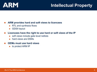 6TM 639v10 The ARM Architecture
 ARM provides hard and soft views to licencees
 RTL and synthesis flows
 GDSII layout
 Licencees have the right to use hard or soft views of the IP
 soft views include gate level netlists
 hard views are DSMs
 OEMs must use hard views
 to protect ARM IP
Intellectual Property
 
