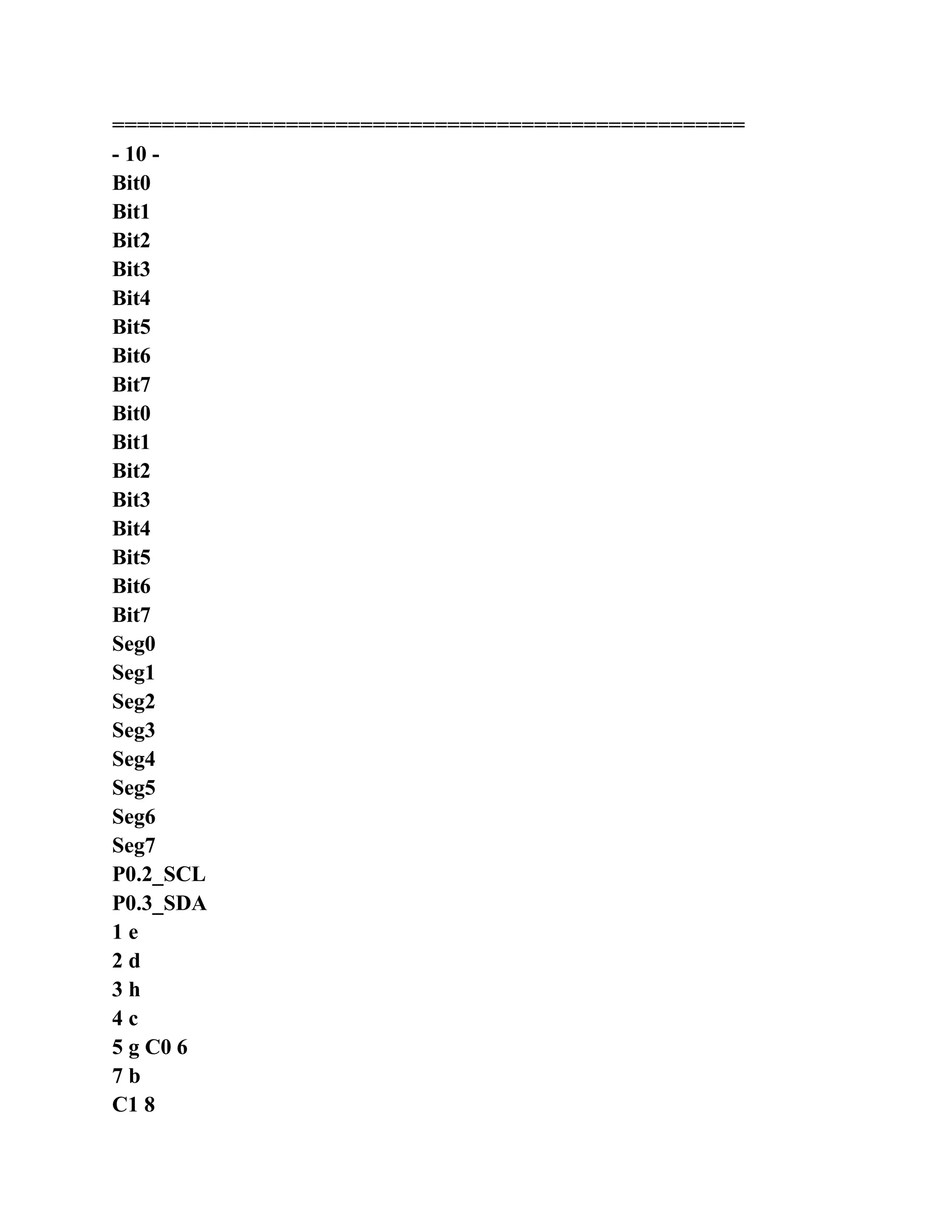 ===================================================
- 10 -
Bit0
Bit1
Bit2
Bit3
Bit4
Bit5
Bit6
Bit7
Bit0
Bit1
Bit2
Bit3
Bit4
Bit5
Bit6
Bit7
Seg0
Seg1
Seg2
Seg3
Seg4
Seg5
Seg6
Seg7
P0.2_SCL
P0.3_SDA
1 e
2 d
3 h
4 c
5 g C0 6
7 b
C1 8
 