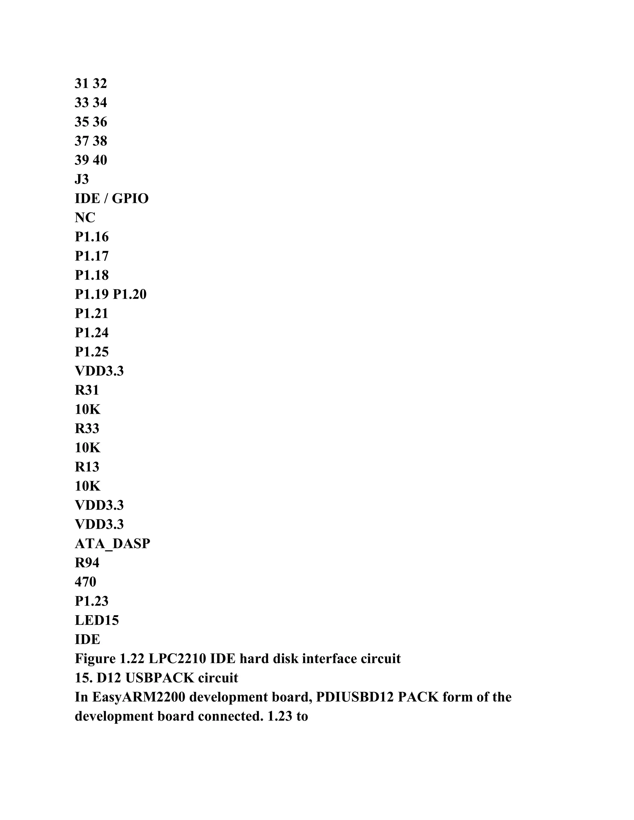 31 32
33 34
35 36
37 38
39 40
J3
IDE / GPIO
NC
P1.16
P1.17
P1.18
P1.19 P1.20
P1.21
P1.24
P1.25
VDD3.3
R31
10K
R33
10K
R13
10K
VDD3.3
VDD3.3
ATA_DASP
R94
470
P1.23
LED15
IDE
Figure 1.22 LPC2210 IDE hard disk interface circuit
15. D12 USBPACK circuit
In EasyARM2200 development board, PDIUSBD12 PACK form of the
development board connected. 1.23 to
 