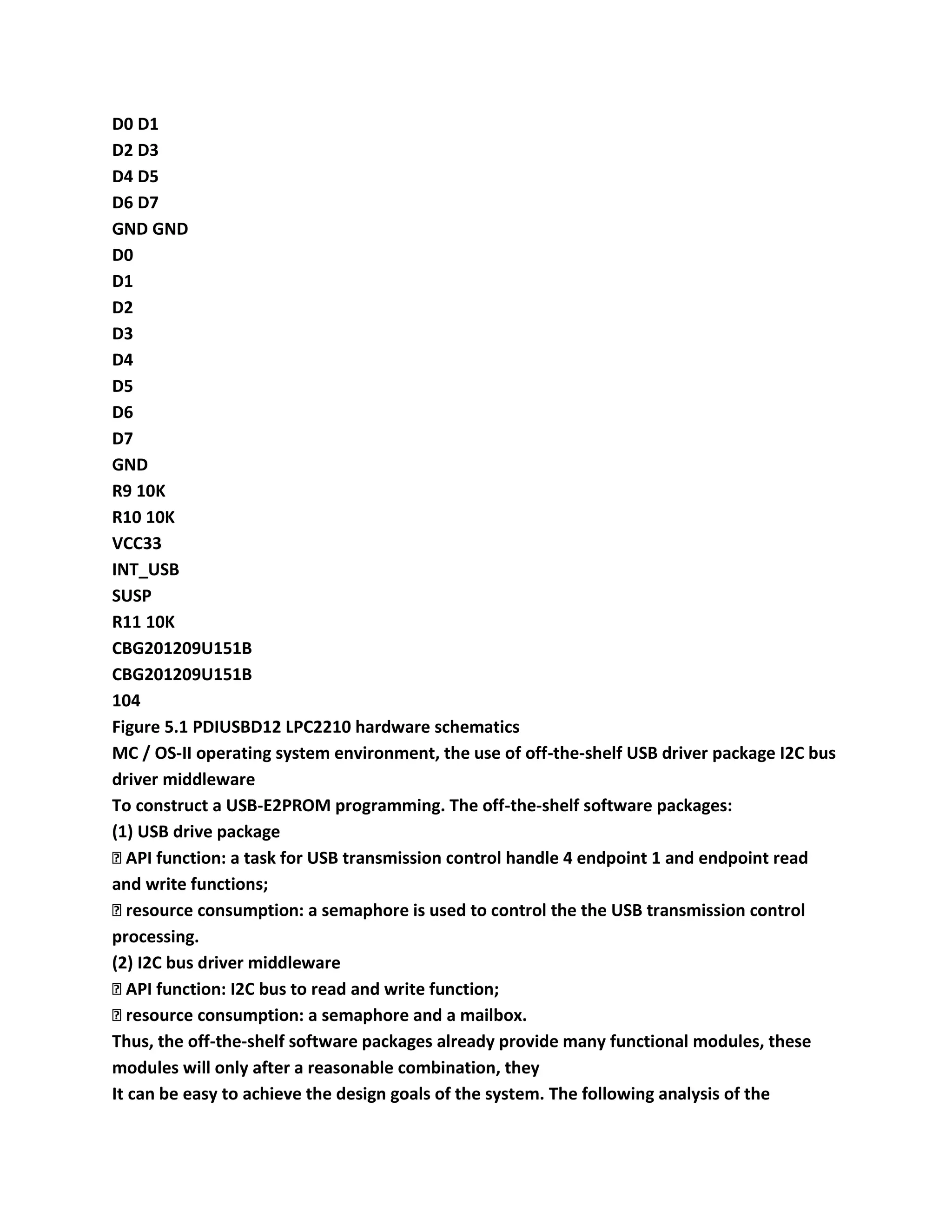 D0 D1
D2 D3
D4 D5
D6 D7
GND GND
D0
D1
D2
D3
D4
D5
D6
D7
GND
R9 10K
R10 10K
VCC33
INT_USB
SUSP
R11 10K
CBG201209U151B
CBG201209U151B
104
Figure 5.1 PDIUSBD12 LPC2210 hardware schematics
ΜC / OS-II operating system environment, the use of off-the-shelf USB driver package I2C bus
driver middleware
To construct a USB-E2PROM programming. The off-the-shelf software packages:
(1) USB drive package
� API function: a task for USB transmission control handle 4 endpoint 1 and endpoint read
and write functions;
� resource consumption: a semaphore is used to control the the USB transmission control
processing.
(2) I2C bus driver middleware
� API function: I2C bus to read and write function;
� resource consumption: a semaphore and a mailbox.
Thus, the off-the-shelf software packages already provide many functional modules, these
modules will only after a reasonable combination, they
It can be easy to achieve the design goals of the system. The following analysis of the
 