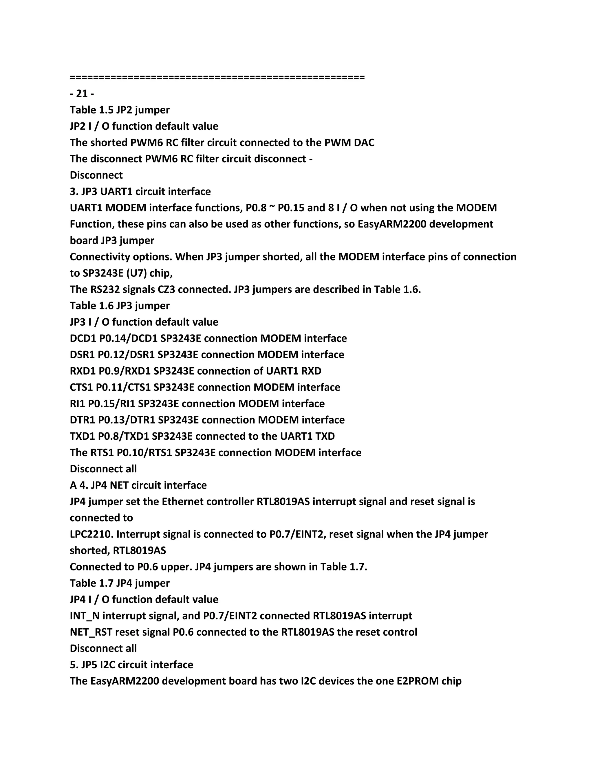 ===================================================
- 21 -
Table 1.5 JP2 jumper
JP2 I / O function default value
The shorted PWM6 RC filter circuit connected to the PWM DAC
The disconnect PWM6 RC filter circuit disconnect -
Disconnect
3. JP3 UART1 circuit interface
UART1 MODEM interface functions, P0.8 ~ P0.15 and 8 I / O when not using the MODEM
Function, these pins can also be used as other functions, so EasyARM2200 development
board JP3 jumper
Connectivity options. When JP3 jumper shorted, all the MODEM interface pins of connection
to SP3243E (U7) chip,
The RS232 signals CZ3 connected. JP3 jumpers are described in Table 1.6.
Table 1.6 JP3 jumper
JP3 I / O function default value
DCD1 P0.14/DCD1 SP3243E connection MODEM interface
DSR1 P0.12/DSR1 SP3243E connection MODEM interface
RXD1 P0.9/RXD1 SP3243E connection of UART1 RXD
CTS1 P0.11/CTS1 SP3243E connection MODEM interface
RI1 P0.15/RI1 SP3243E connection MODEM interface
DTR1 P0.13/DTR1 SP3243E connection MODEM interface
TXD1 P0.8/TXD1 SP3243E connected to the UART1 TXD
The RTS1 P0.10/RTS1 SP3243E connection MODEM interface
Disconnect all
A 4. JP4 NET circuit interface
JP4 jumper set the Ethernet controller RTL8019AS interrupt signal and reset signal is
connected to
LPC2210. Interrupt signal is connected to P0.7/EINT2, reset signal when the JP4 jumper
shorted, RTL8019AS
Connected to P0.6 upper. JP4 jumpers are shown in Table 1.7.
Table 1.7 JP4 jumper
JP4 I / O function default value
INT_N interrupt signal, and P0.7/EINT2 connected RTL8019AS interrupt
NET_RST reset signal P0.6 connected to the RTL8019AS the reset control
Disconnect all
5. JP5 I2C circuit interface
The EasyARM2200 development board has two I2C devices the one E2PROM chip
 