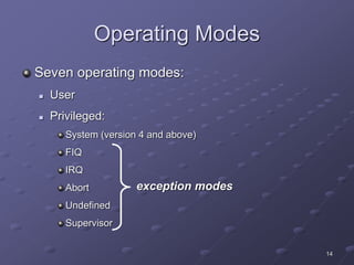 14
Operating Modes
Seven operating modes:
 User
 Privileged:
System (version 4 and above)
FIQ
IRQ
Abort
Undefined
Supervisor
exception modes
 