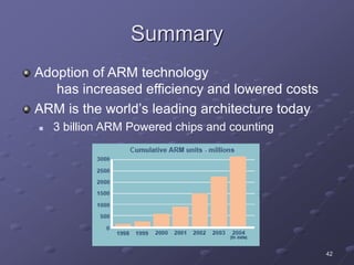 42
Summary
Adoption of ARM technology
has increased efficiency and lowered costs
ARM is the world’s leading architecture today
 3 billion ARM Powered chips and counting
 