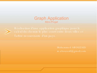 Graph  Application Mini-Projet Réalisation d'une application graphique pour le calcul du chemin le plus court entre deux villes et l'arbre recouvrante   d'un pays.   Mohammed ABOUZAID [email_address] 