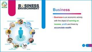 3
• A business environment is a
combination of internal and
external environmental forces
and factors that influences the
...